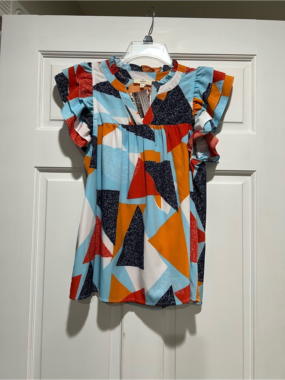 Colorblock Geometric Flutter Sleeve Top - Blue, Orange, Red